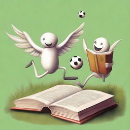 Imagine a whimsical scene where anthropomorphic books are playing a game of football