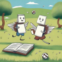 Imagine a whimsical scene where anthropomorphic books are playing a game of football