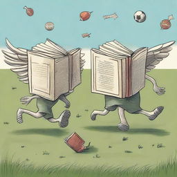 Imagine a whimsical scene where anthropomorphic books are playing a game of football