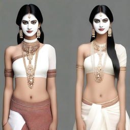 Generate an image of a tall, thin Indian woman with a white face