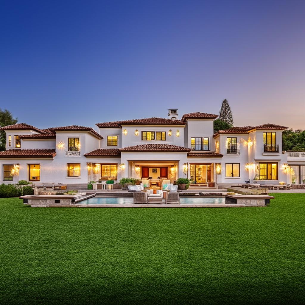 Elegant house with seven bedrooms, eight full bathrooms and two half bathrooms, a fully equipped kitchen, a comfortable living room, a formal dining room, and a beautiful landscaped backyard.