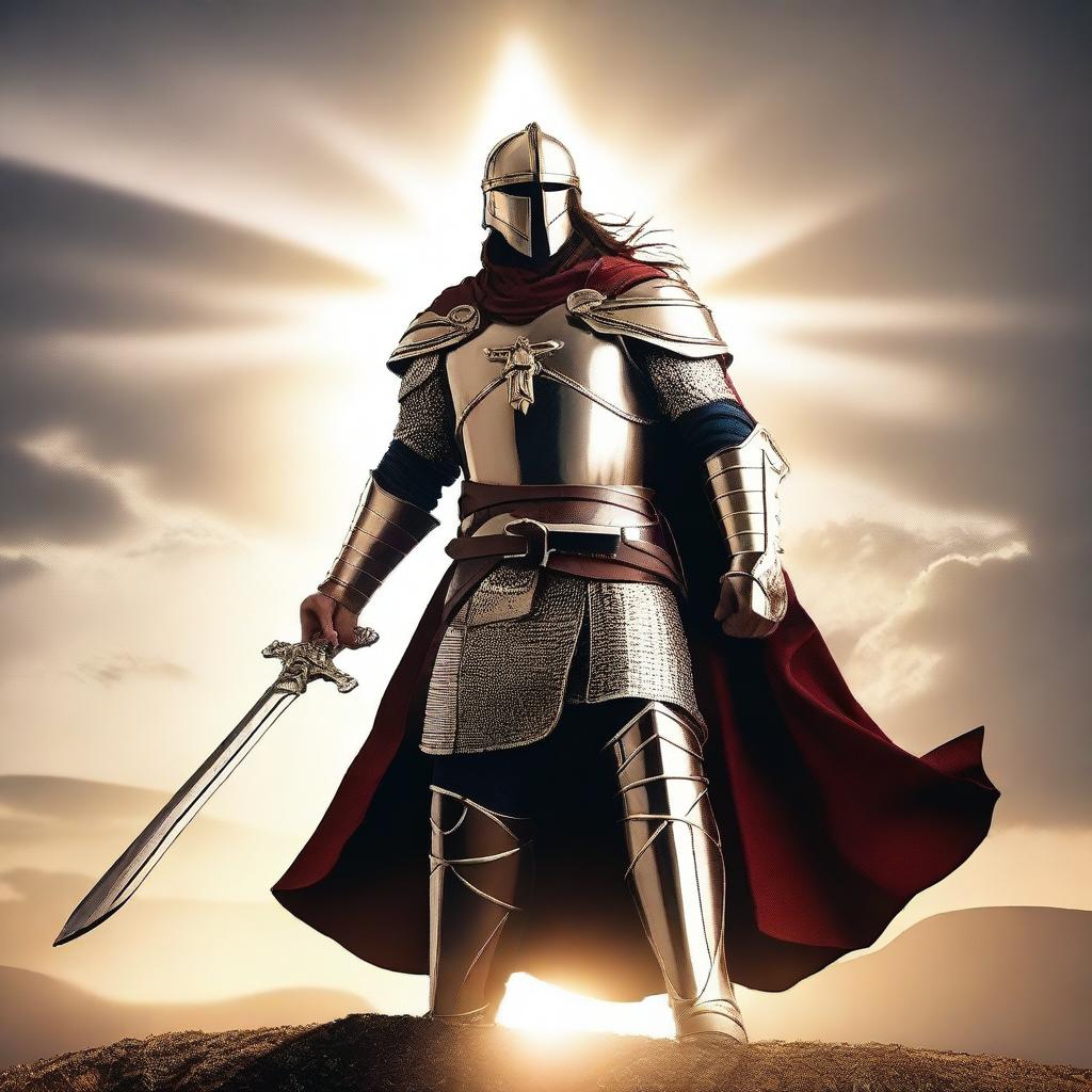 Create an image of a valiant warrior dressed in shining armor, holding a cross-shaped sword, standing on top of a hill