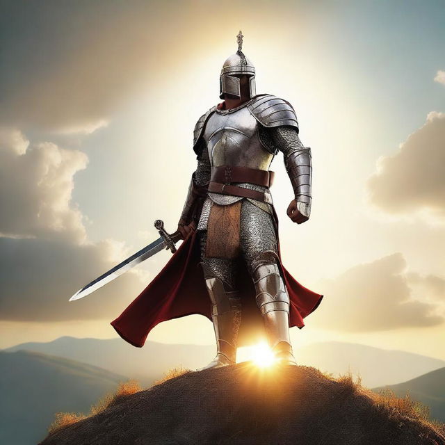 Create an image of a valiant warrior dressed in shining armor, holding a cross-shaped sword, standing on top of a hill