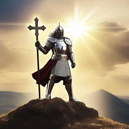 Create an image of a valiant warrior dressed in shining armor, holding a cross-shaped sword, standing on top of a hill