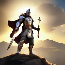 Create an image of a valiant warrior dressed in shining armor, holding a cross-shaped sword, standing on top of a hill