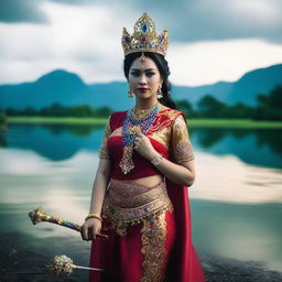 An Indonesian queen with an intense gaze, her leg crossed in front, visible from feet to head