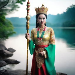 An Indonesian queen with an intense gaze, her leg crossed in front, visible from feet to head