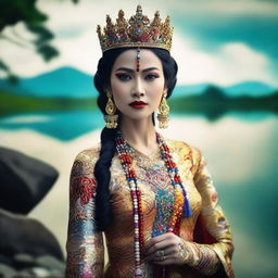 An Indonesian queen with an intense gaze, her leg crossed in front, visible from feet to head