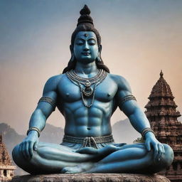 The deity Mahadev in a serene and majestic pose, set against a backdrop of a divine aura and ancient temples.