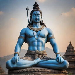 The deity Mahadev in a serene and majestic pose, set against a backdrop of a divine aura and ancient temples.