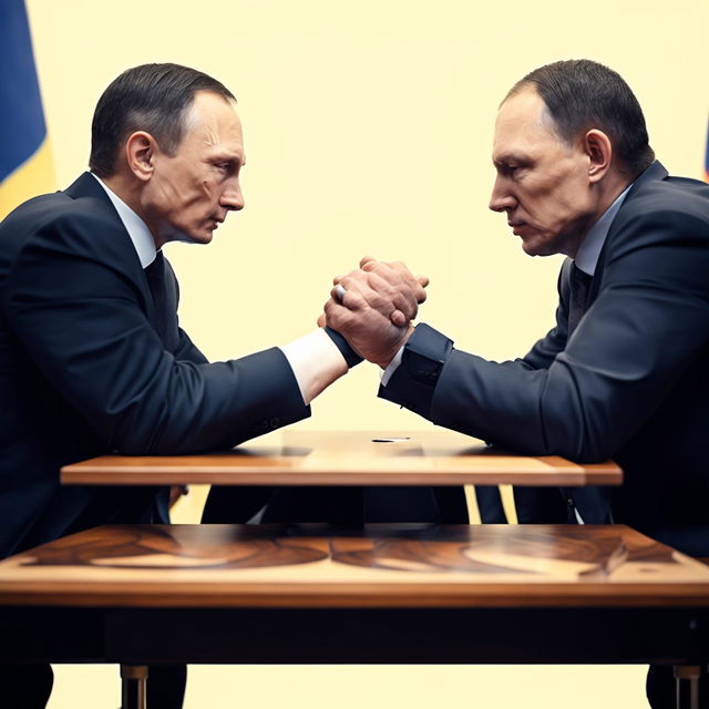 An image of Putin and Zelensky having an arm wrestle, sitting on opposite sides of a sturdy table with their hands locked in a battle of strength