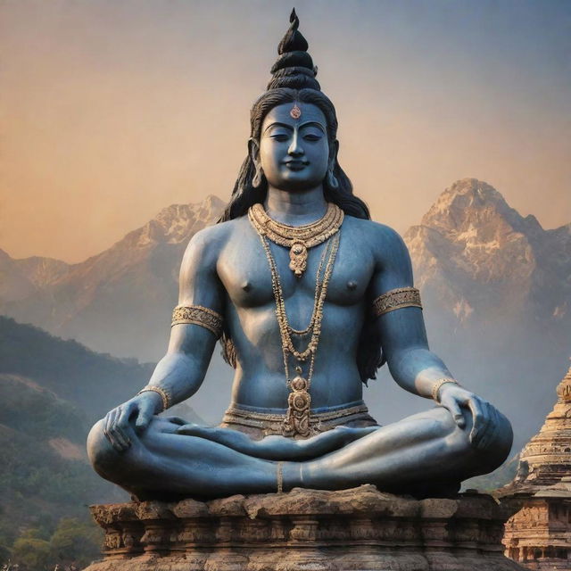 The deity Mahadev in a serene and majestic pose, set against a backdrop of a divine aura and ancient temples.