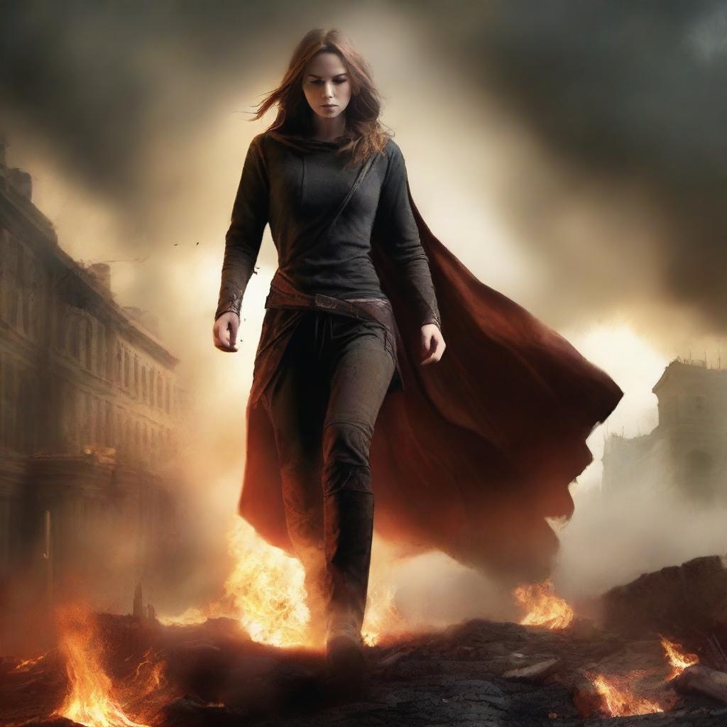 Depict a dramatic scene where a hero or heroine is rising from the ashes