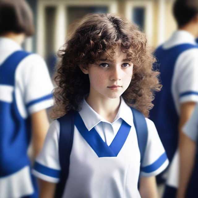 A girl with curly brown hair, wearing a blue and white uniform, stands at the front entrance of a school