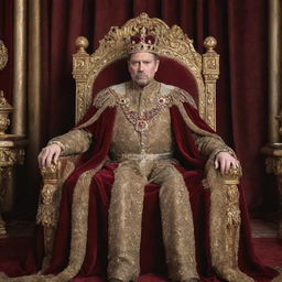 An imposing king, seated on a lavish throne, adorned in royal attire with a crown sparkling with jewels, holding a gold scepter in a grand throne room.