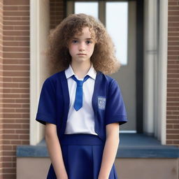 A girl with curly brown hair, wearing a blue and white uniform, stands at the front entrance of a school