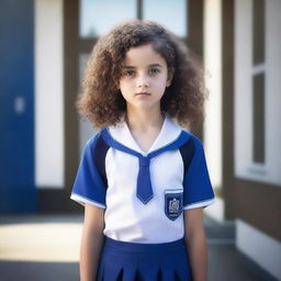 A girl with curly brown hair, wearing a blue and white uniform, stands at the front entrance of a school