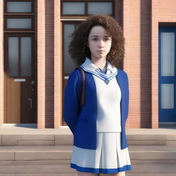 A girl with curly brown hair, wearing a blue and white uniform, stands at the front entrance of a school