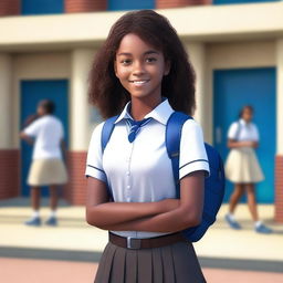 A teenage girl, around 15 years old, with cocoa-colored skin and curly brown hair, stands at the front entrance of a school