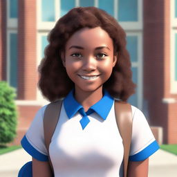 A teenage girl, around 15 years old, with cocoa-colored skin and curly brown hair, stands at the front entrance of a school