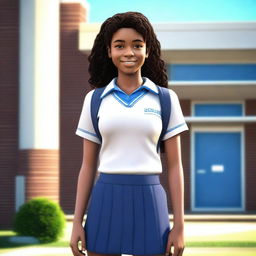 A full-body image of a teenage girl, around 15 years old, with cocoa-colored skin and curly brown hair, standing at the front entrance of a school