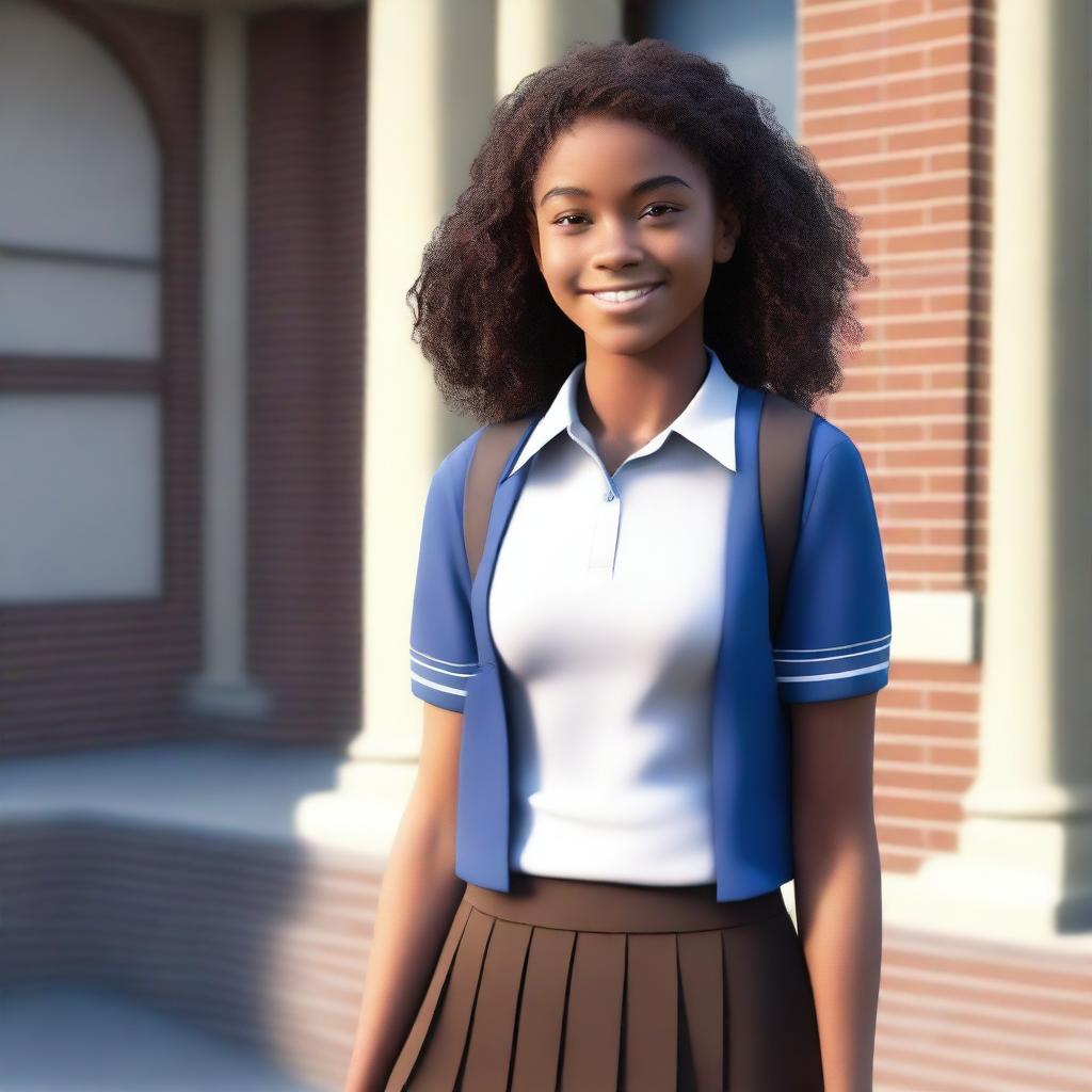 A full-body image of a teenage girl, around 15 years old, with cocoa-colored skin and curly brown hair, standing at the front entrance of a school