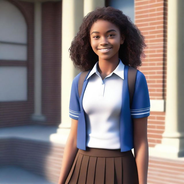 A full-body image of a teenage girl, around 15 years old, with cocoa-colored skin and curly brown hair, standing at the front entrance of a school
