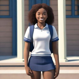A full-body image of a teenage girl, around 15 years old, with cocoa-colored skin and curly brown hair, standing at the front entrance of a school