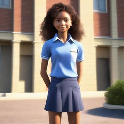 A full-body image of a teenage girl, around 15 years old, with cocoa-colored skin and curly brown hair, standing at the front entrance of a school