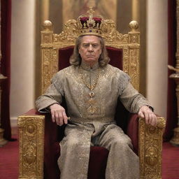 An imposing king, seated on a lavish throne, adorned in royal attire with a crown sparkling with jewels, holding a gold scepter in a grand throne room.