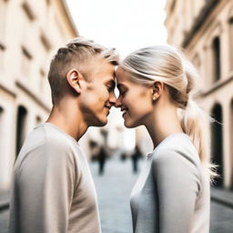 Modify the image to show the couple standing face to face, but at a distance from each other