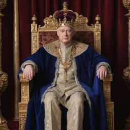 An imposing king, seated on a lavish throne, adorned in royal attire with a crown sparkling with jewels, holding a gold scepter in a grand throne room.