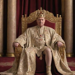 An imposing king, seated on a lavish throne, adorned in royal attire with a crown sparkling with jewels, holding a gold scepter in a grand throne room.