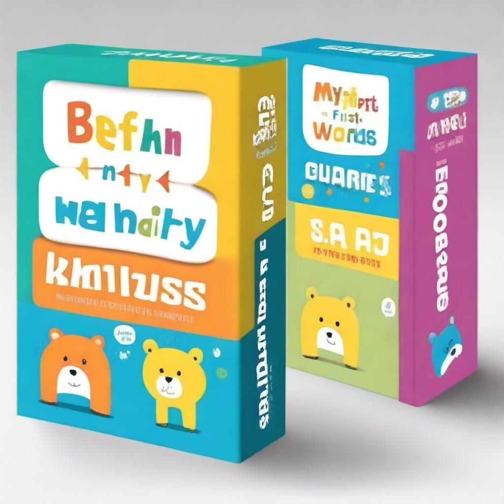 Design a vibrant and colorful box set titled 'My First Words' for kids