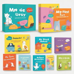 Design a vibrant and colorful box set titled 'My First Words' for kids