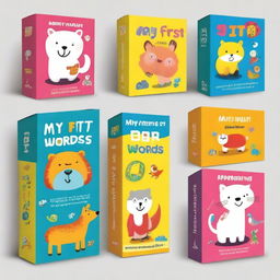 Design a vibrant and colorful box set titled 'My First Words' for kids