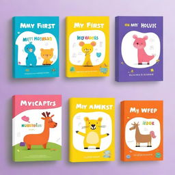 Design a vibrant and colorful box set titled 'My First Words' for kids