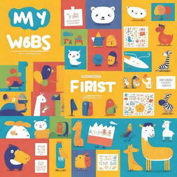 Design a vibrant and colorful box set titled 'My First Words' for kids