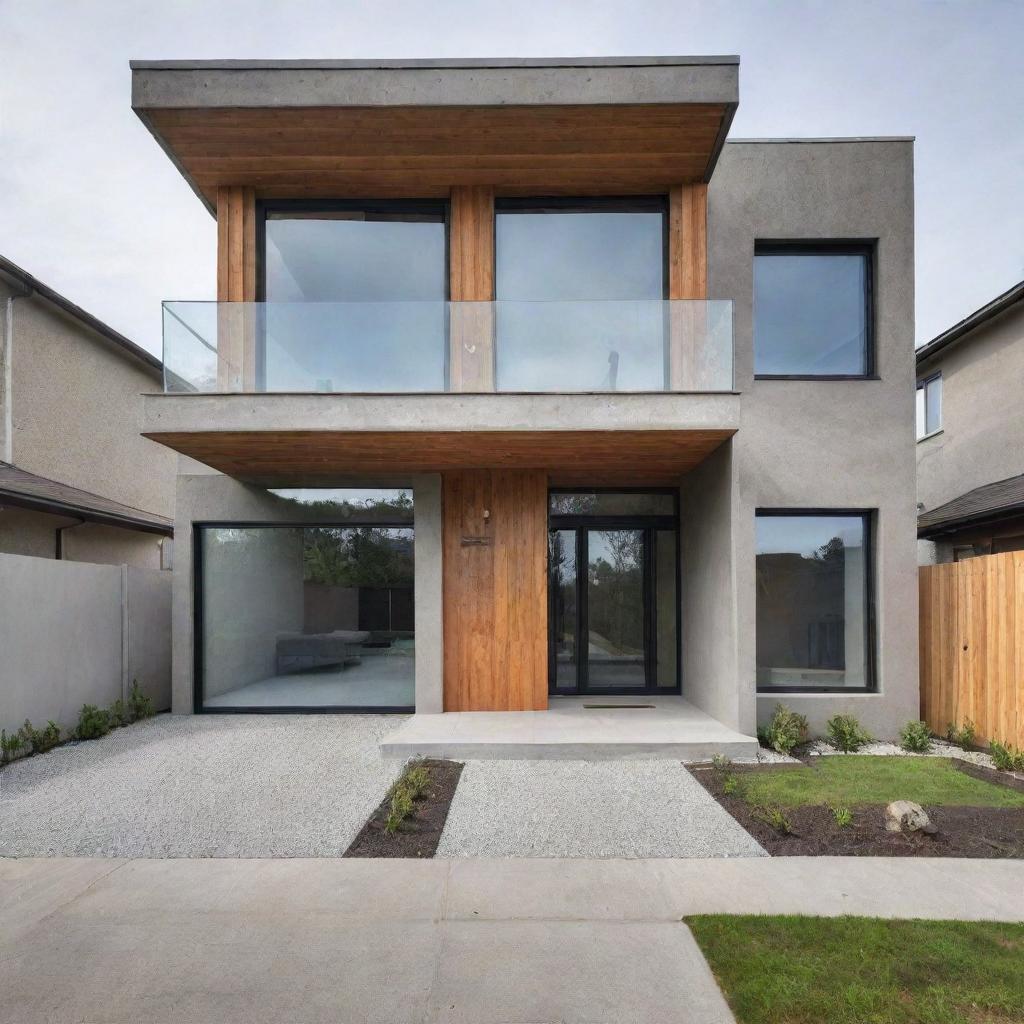 A small, modern house with an innovative front elevation design, showcasing a balance of glass, wood, and concrete elements.