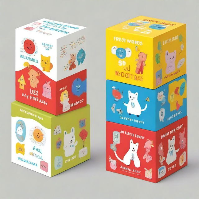 Design a vibrant and colorful box set titled 'My First Words' for kids