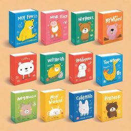 Design a vibrant and colorful box set titled 'My First Words' for kids
