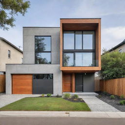 A small, modern house with an innovative front elevation design, showcasing a balance of glass, wood, and concrete elements.