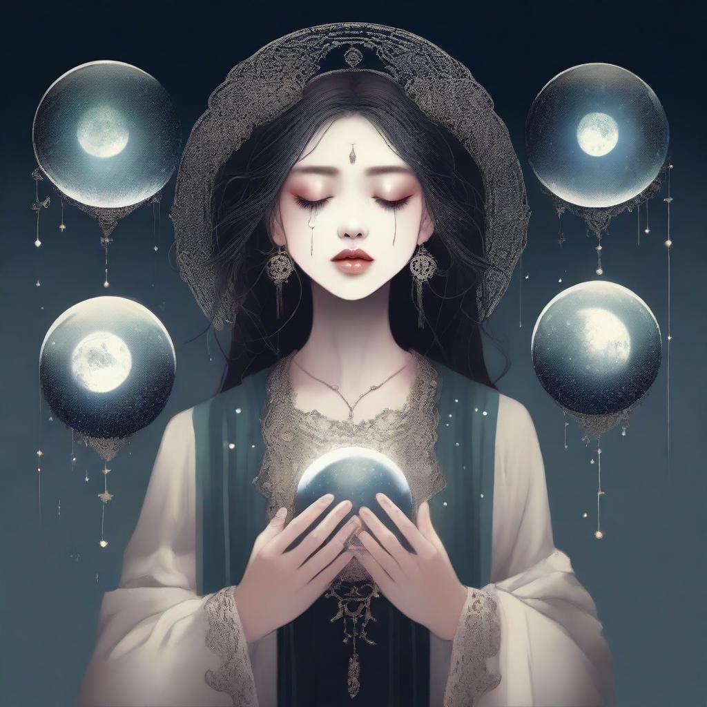 Create an image of a girl, tears streaming down her face, as she holds two moons in her hands