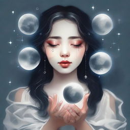 Create an image of a girl, tears streaming down her face, as she holds two moons in her hands