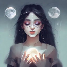 Create an image of a girl, tears streaming down her face, as she holds two moons in her hands