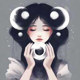 Create an image of a girl, tears streaming down her face, as she holds two moons in her hands