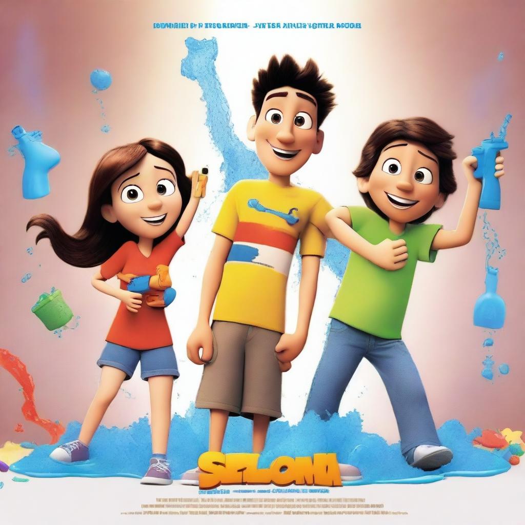 Create a Disney Pixar movie poster featuring kids playing with water guns shooting ink