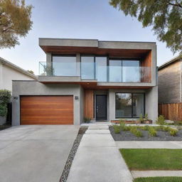 A small, modern house with an innovative front elevation design, showcasing a balance of glass, wood, and concrete elements.