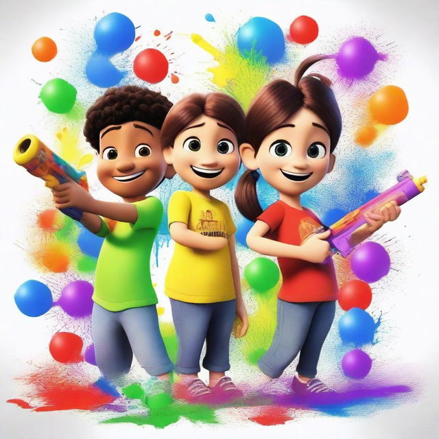 Create a Disney Pixar movie poster featuring kids playing with water guns shooting ink