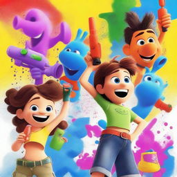 Create a Disney Pixar movie poster featuring kids playing with water guns shooting ink